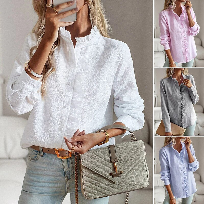 Agnetha™ Eleganta Blus med Manschettkrage och Långa Ärmar